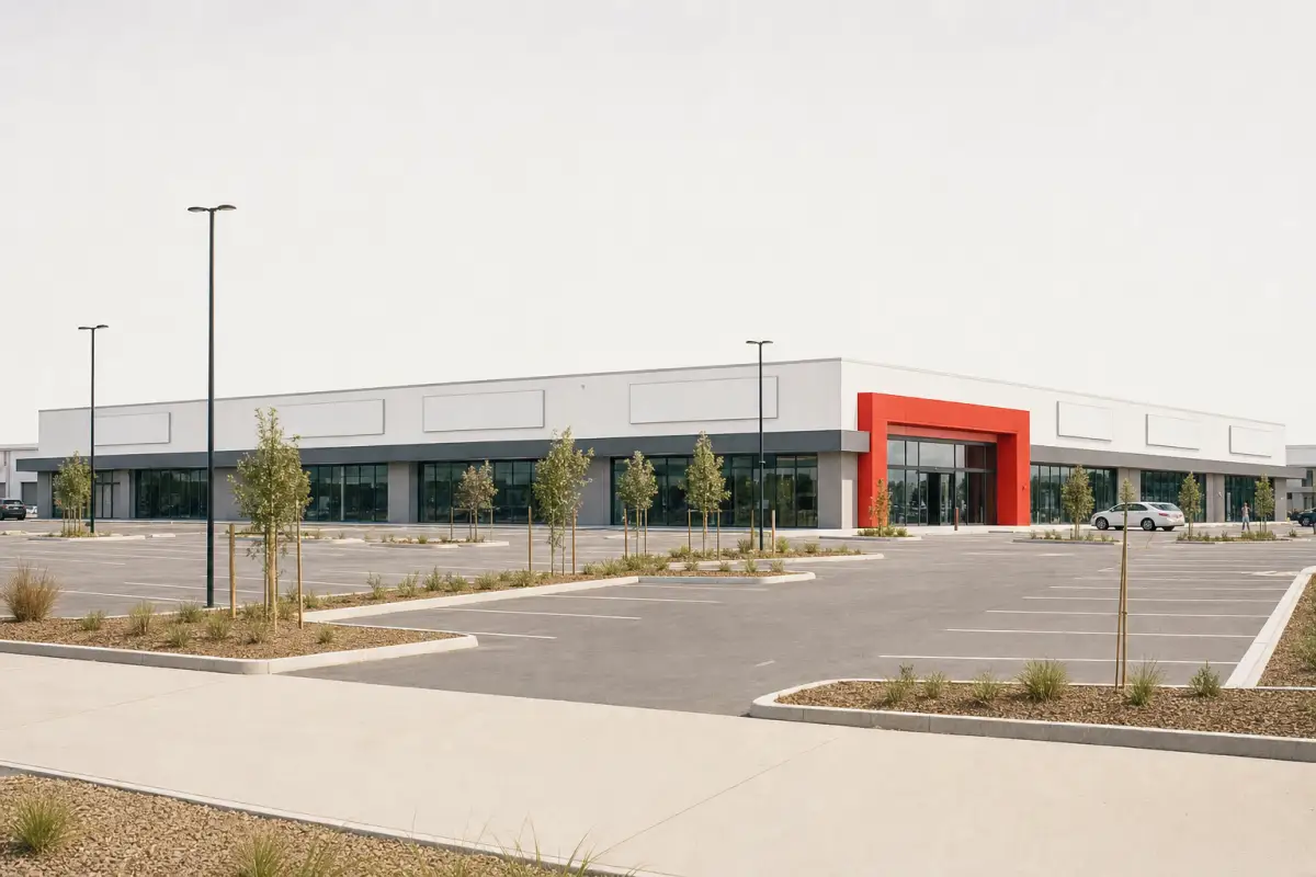 Artist's impression of the Aura Home + Life precinct at Baringa, a long single-storey retail building seen across its carpark from the corner of Graf Drive and Aura Boulevard, its entry portal painted red.